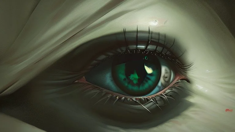 An oil painting art with a dark theme that evokes the words "But now he has eyes of a different color"