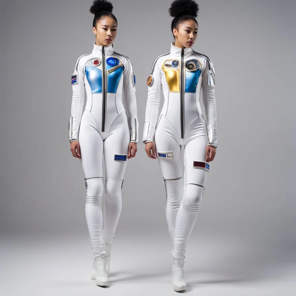 Ah, the twin women's leotard space suits are not just simple attire, but a fusion of style and functionality. These unique ensembles feature an abundance of zippers and badges, adding an extra layer of visual intrigue to their lunar expedition. The leotards, snug against their bodies, are adorned with various metallic zippers, strategically placed to accentuate their curves while allowing ease of movement. Each zip serves as a tantalizing invitation to explore what lies beneath, a playful tease