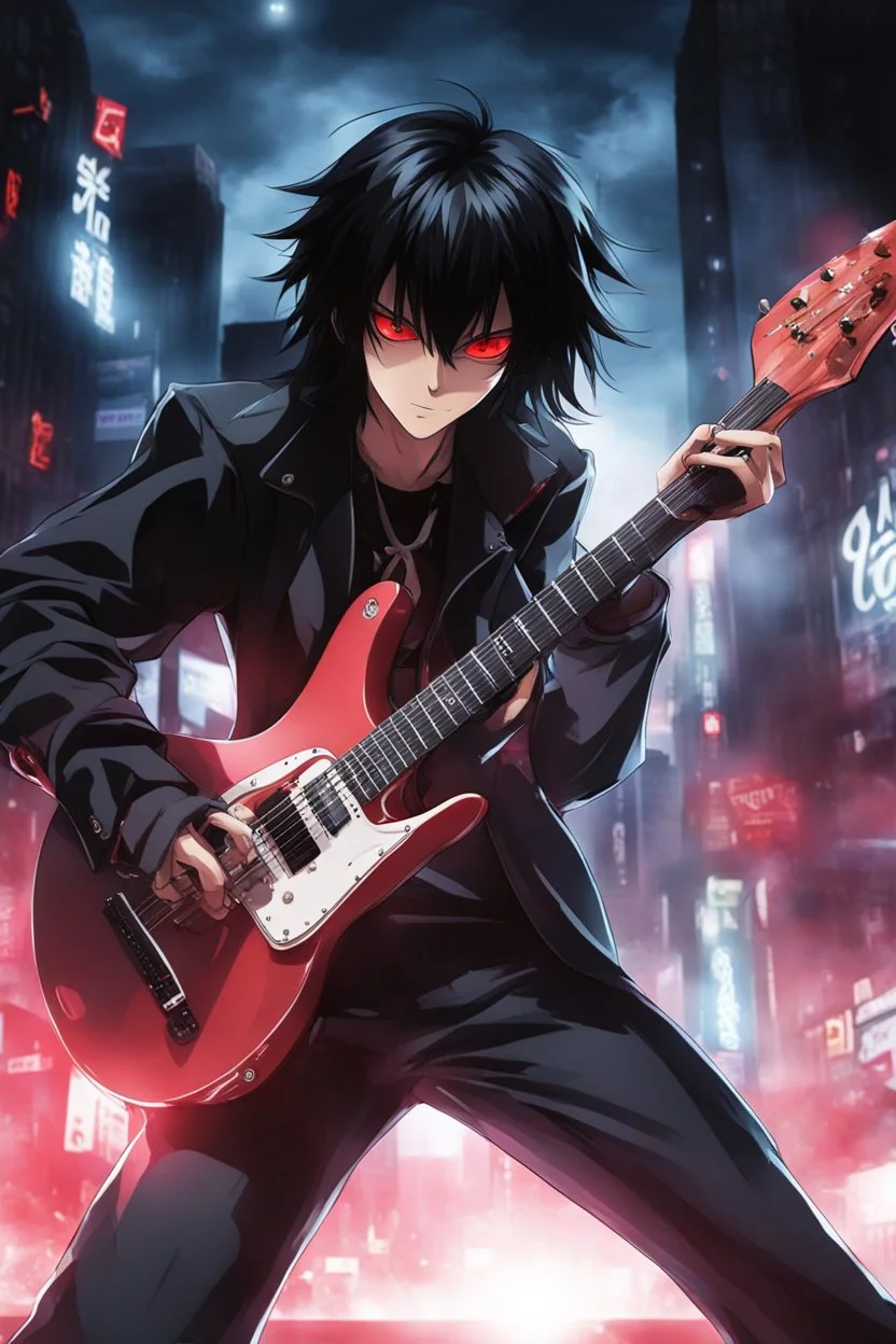 A 25 years old male guitarist playing guitar at a midnight concert, red creepy alien eyes, black hair, athletic build, correct hands, in the style of manga "Rosario+Vampire"