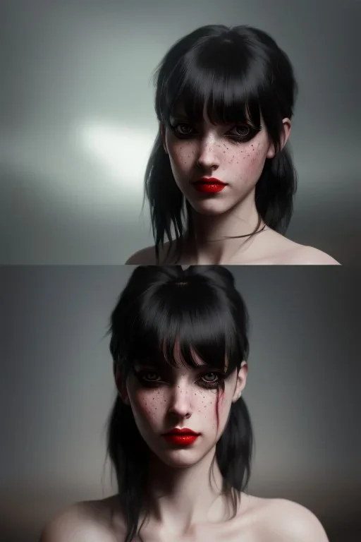 Vanessa Incontrada, cute, beautiful, white eyes, red lips, black hair with bangs, goth, close up portrait by Greg Rutkowski