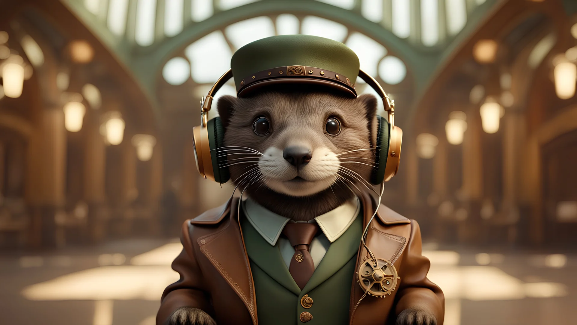 High-end state-of-the-art STEAMPUNK aesthetics flawless smiling cute fluffy Otter professor wearing headphones, supreme cinematic-quality photography, sage green and honey brown pure leather clothes, Art Nouveau-visuals,Vintage style with Octane Render 3D technology,hyperrealism photography, (UHD) with high-quality cinematic character render,Insanely detailed close-ups capturing beautiful complexity,Hyperdetailed,Intricate,8K,Hyperrealism craftwork