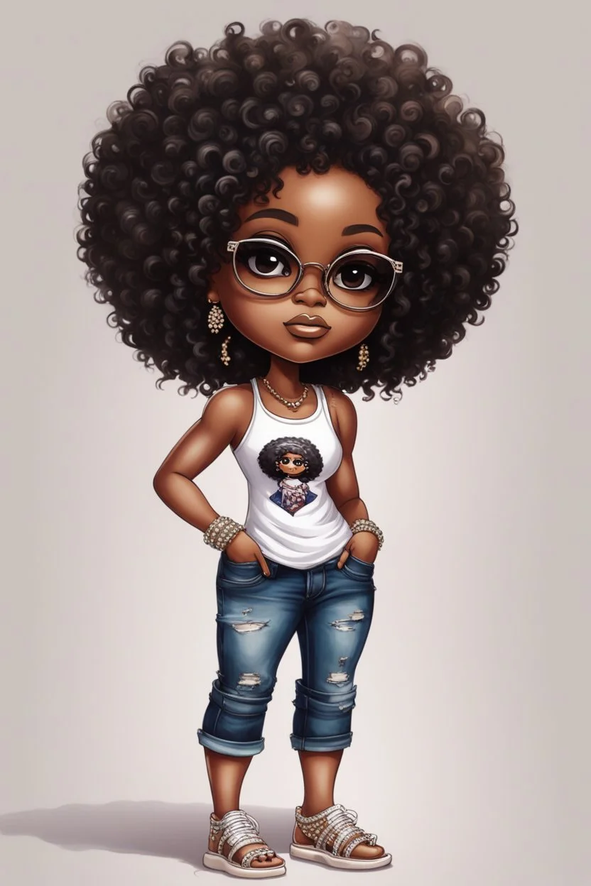 Create a oil painting chibi image of a black female with shoulder length tightly curl afro, black silky and brown eyes. Long eye lashes wearing a torn jeans and tank top with diamond studded "pretty" on the front, sandals , plus size body style. Diamond studded glasses and hoop earrings forward facing, 2k, white background