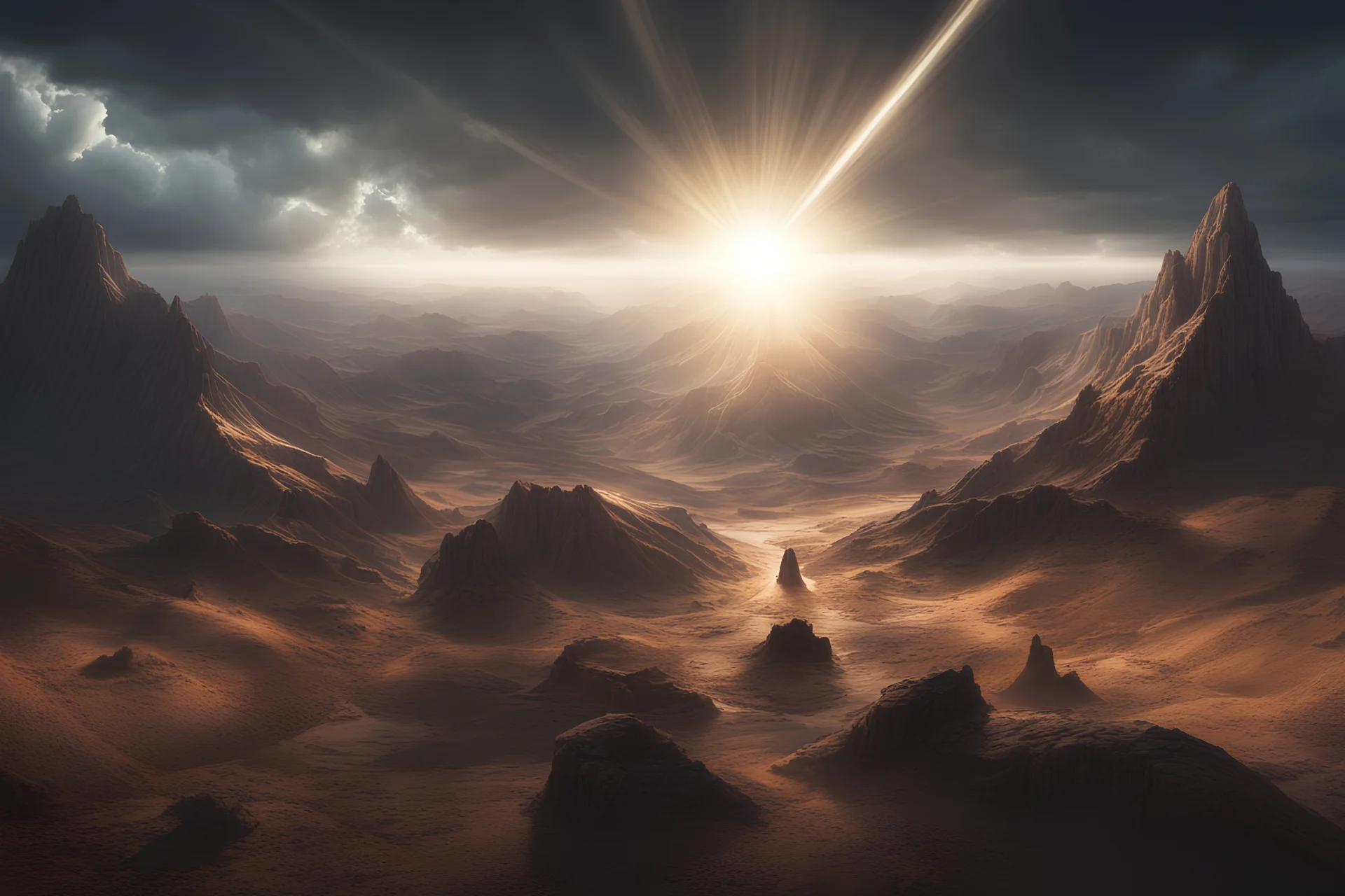 And God saw the light, that it was good: and God divided the light from the darkness.(masterpiece), (best quality), (digital artwork), sacred, landscape,bright,fhd,4k,high-resolution,realistic,surrealistic,super wide angle shot,canon 5d,v-ray,quixel megascans render,sintane render, dramatic lighting,