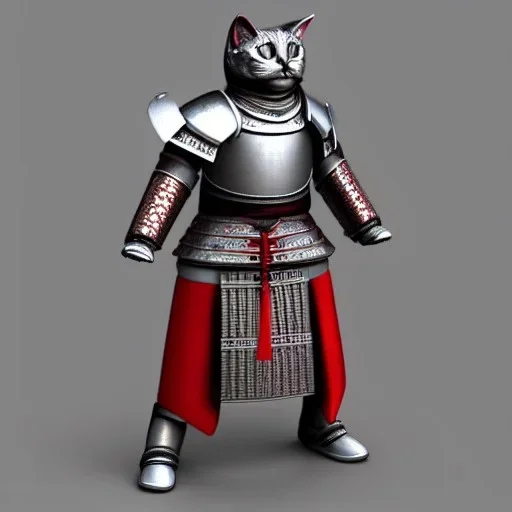 Modélisme trois dimensions, chat, anthropomorphique, habillé comme un samurai, armure très détaillé, armure rouge, armure argent