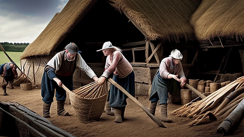 young and old people working in the field near medieval barns