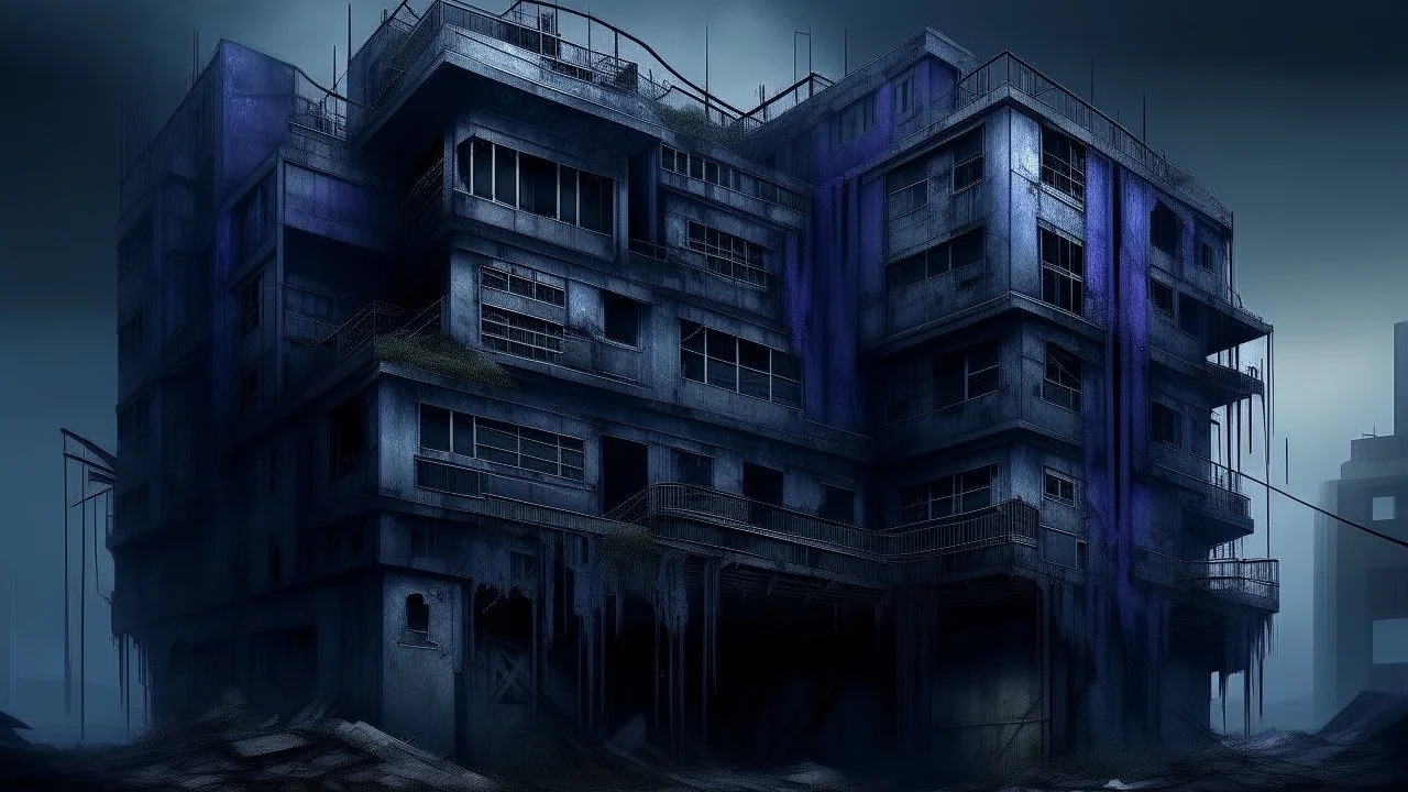 A dark, moody, and surreal depiction of a decaying, multi-story building with organic, web-like structures clinging to its exterior. The architecture appears to be crumbling, with numerous dark, cavernous openings on each level. The color palette is dominated by deep blues, purples, and grays, creating an unsettling and mysterious atmosphere. The sky above is cloudy and dimly lit, with hints of celestial bodies visible, suggesting a desolate and alien landscape. The overall impression is one of