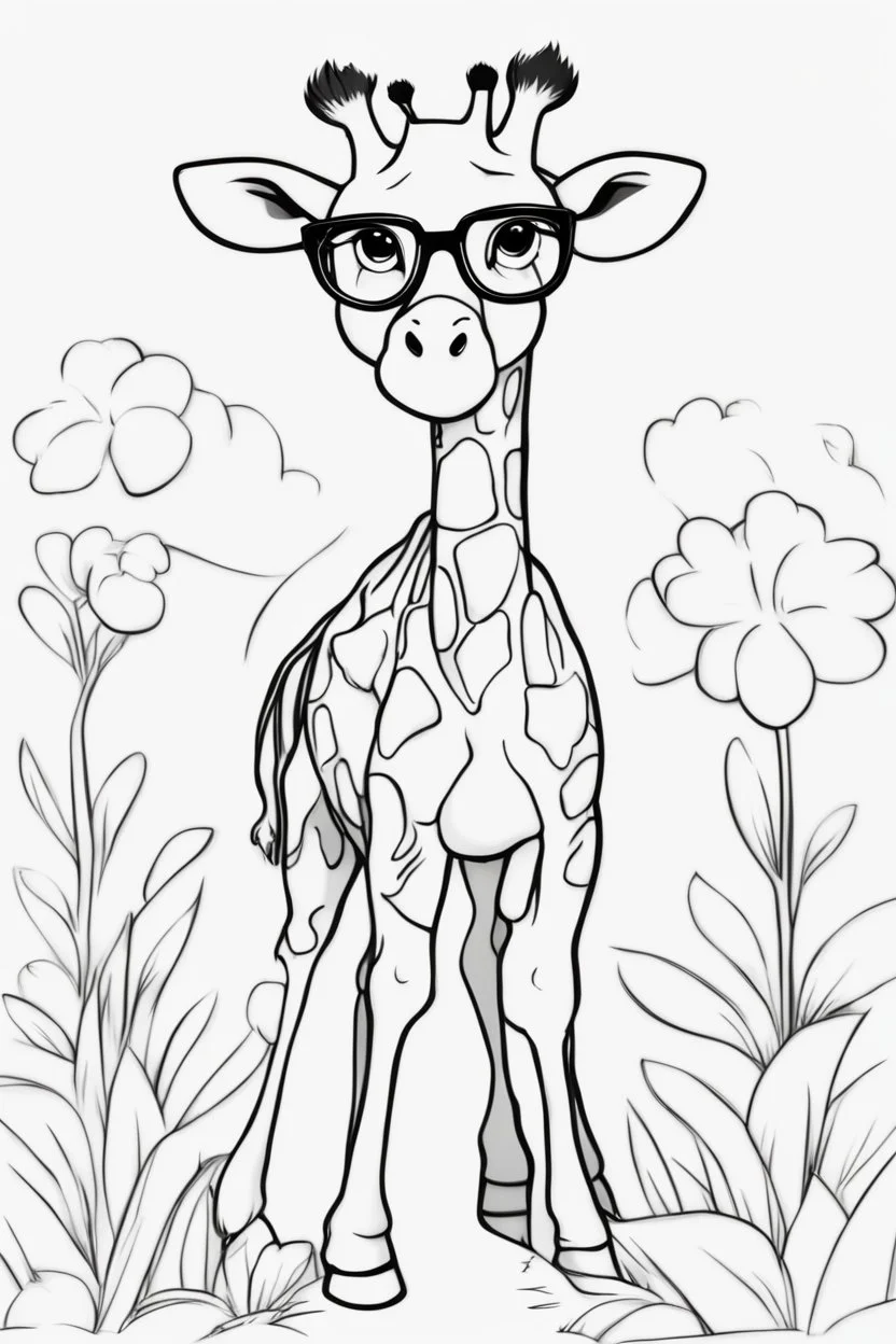 Outline art for cute coloring pages with giraffe with glasses, full body, white background, sketch style, only use outline, clean line art, no shadows and clear and well outlined.