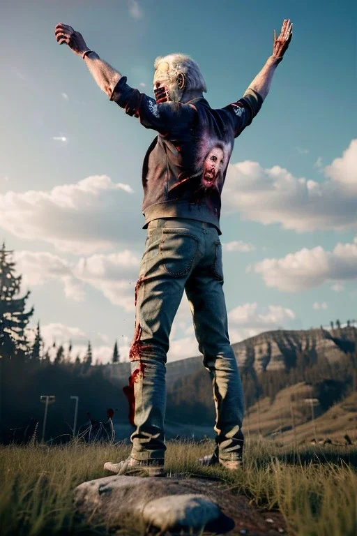 realistic image, joe biden zombie, arms raised, arm cut and bleeding, amputated leg, night, walking with a limp, waist up view, dark ambient, highly detailed, sky background, concept art, unreal engine 5, god rays, ray tracing, RTX, lumen lighting, ultra detail, volumetric lighting, 3d, finely drawn, high definition, high resolution.