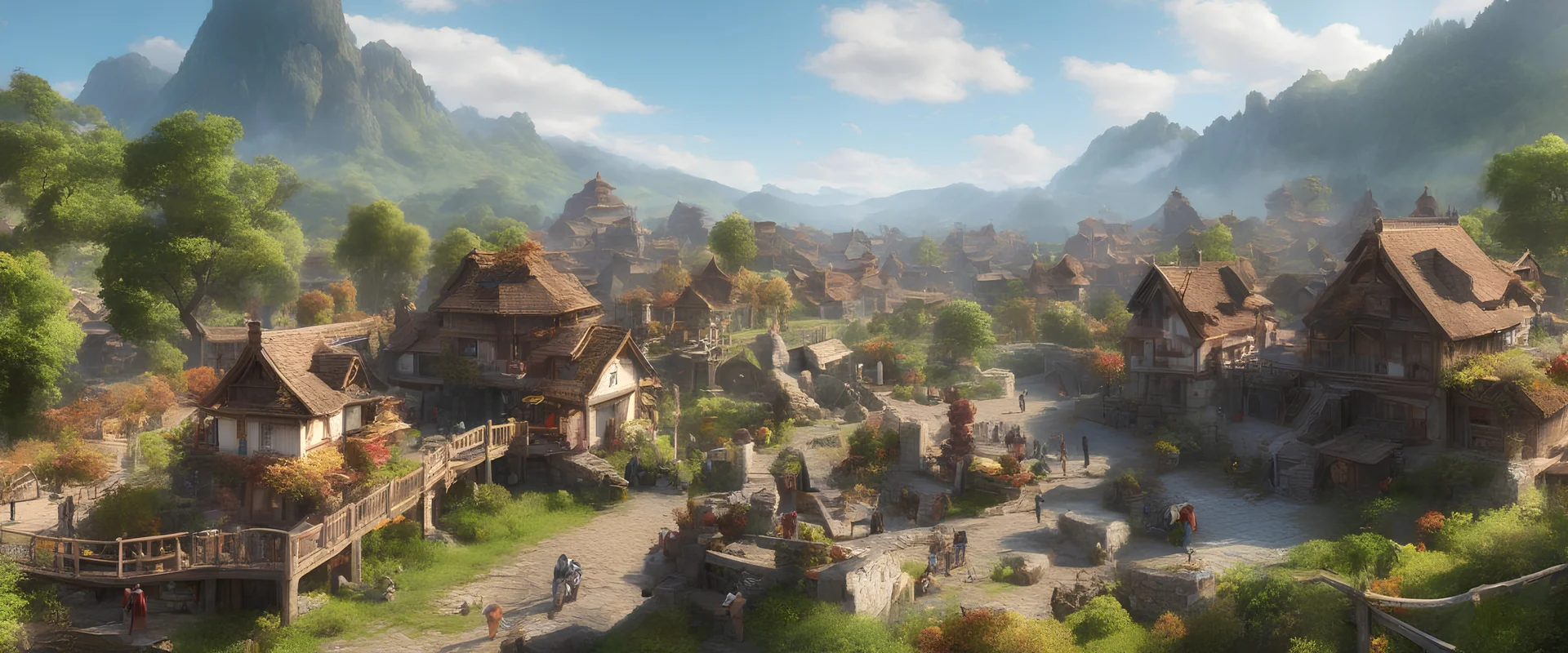 A busy market in beautiful sunny countryside scene with distant hills & fields, many intricate dwellings, a clock-house, many raised pathways & stairways, walkways & bridges, waterfalls & a waterwheel : ultra high detail, photorealistic, epic cinematic, 8K, Large depth of field