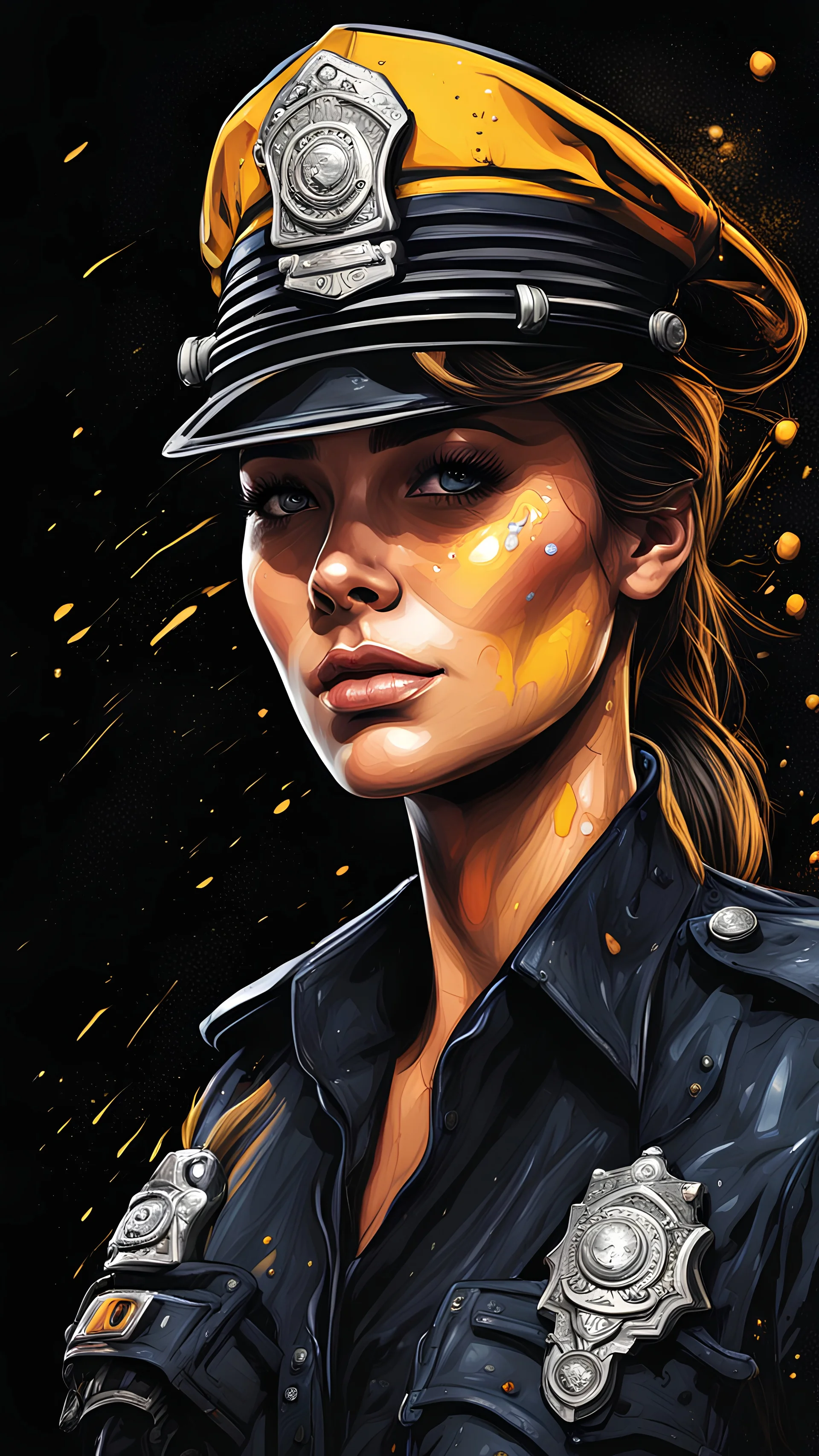 Policewoman, Line Art, Black Background, Ultra Detailed Artistic, Detailed Gorgeous Face, Natural Skin, Water Splash, Colour Splash Art, Fire and Ice, Splatter, Black Ink, Liquid Melting, Dreamy, Glowing, Glamour, Glimmer, Shadows, Oil On Canvas, Brush Strokes, Smooth, Ultra High Definition, 8k, Unreal Engine 5, Ultra Sharp Focus, Intricate Artwork Masterpiece, Ominous, Golden Ratio, Highly Detailed, photo, poster, fashion, illustration