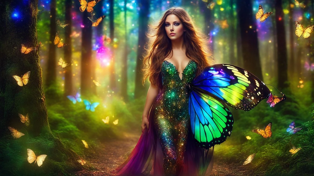 Full body Gorgeous Photography Realistic Natural Beautiful butterfly girl with shiny brown flowing hair, glitter colorful butterfly wings, lovely glowing green eyes, surrounded by magical colorful forest and flickering lights, digital photography, kaleidoscope, vibrant colors, vivid colors, colorful, she walk in magic forest