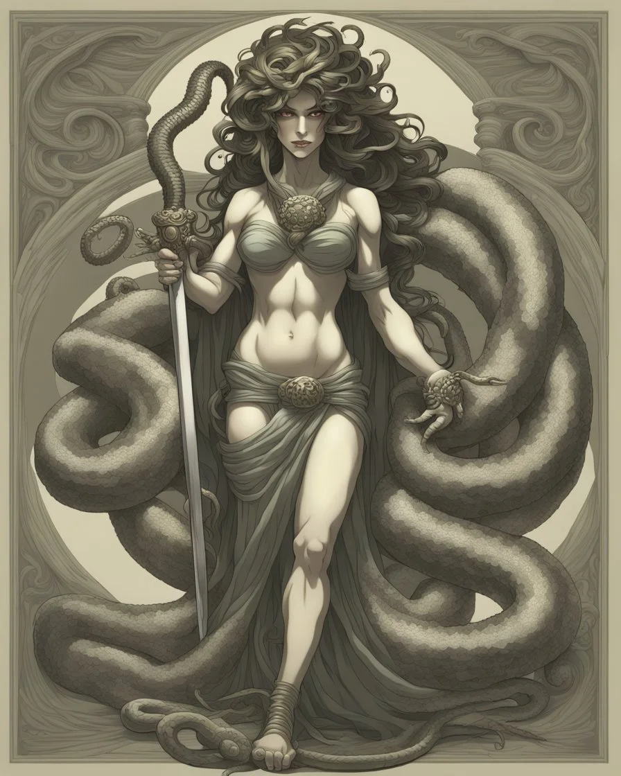 full-length, detailed persona, sword in hand, gorgon medusa, from the back, half-turn, full-length, leans on one leg, snakes on the head instead of hair