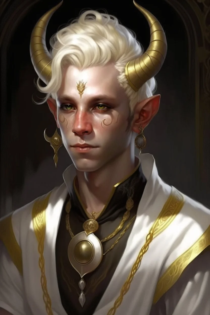 A young tiefling man with White-Blonde, short hair, black eyes, dressed in white and gold with lots of jewelry, beautiful, no horns