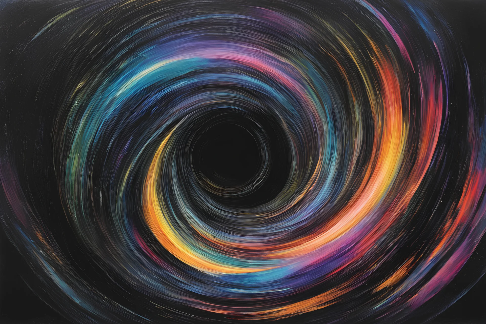 colorful, rainbow, A visually striking and abstract representation of the void and a black hole, utilizing dark hues and dynamic shapes to evoke the enigmatic and powerful aspects of cosmic emptiness, (visually striking abstract representation:1.4), (the void and black hole:1.5), (dark hues and dynamic shapes:1.3), (expressive and cosmic ambiance:1.2), drawing inspiration from abstract interpretations of the cosmic void and black hole phenomena