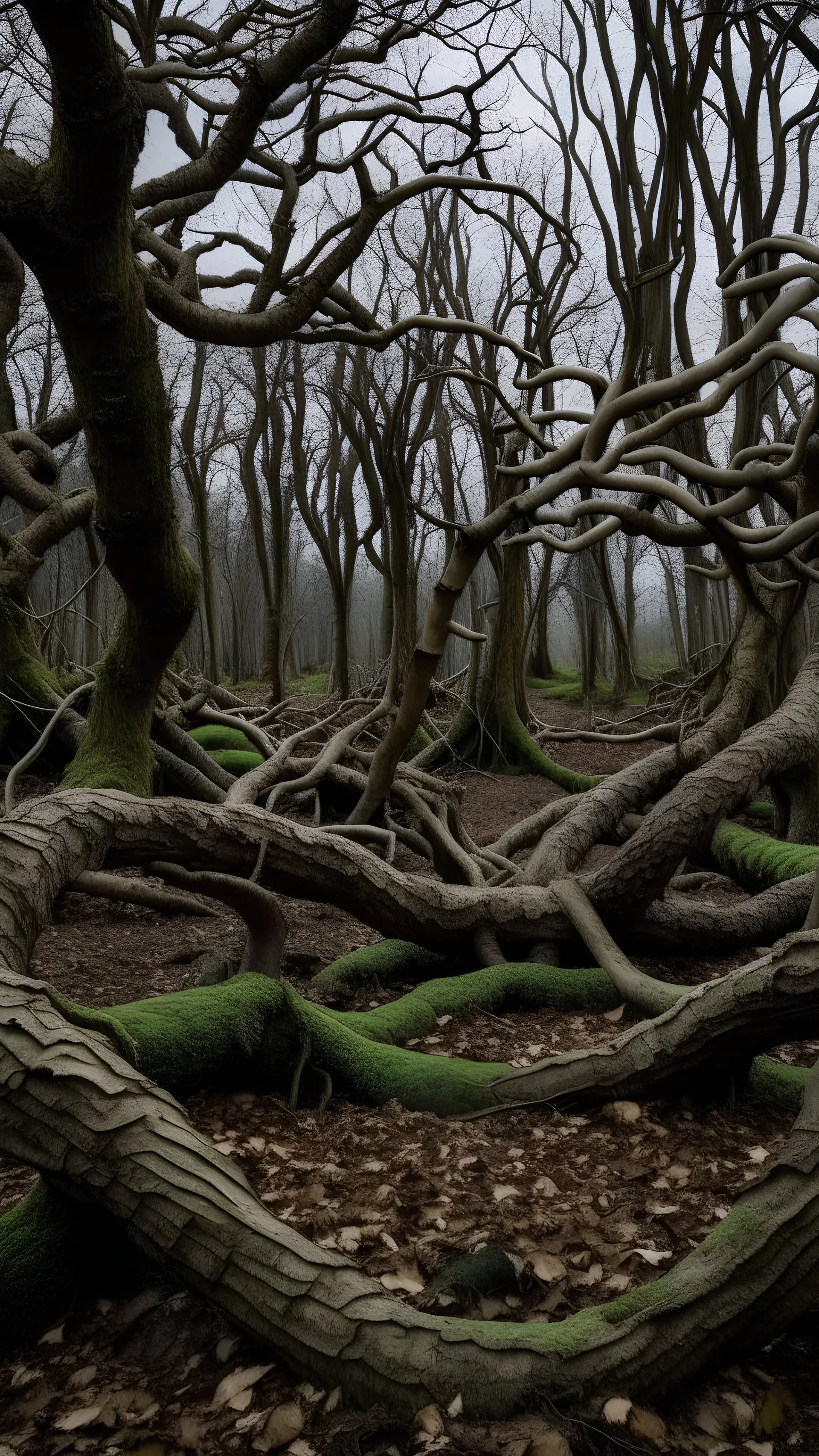 Close-up of the strangely shaped trees in Hoia Baciu Forest, with twisted and bent branches