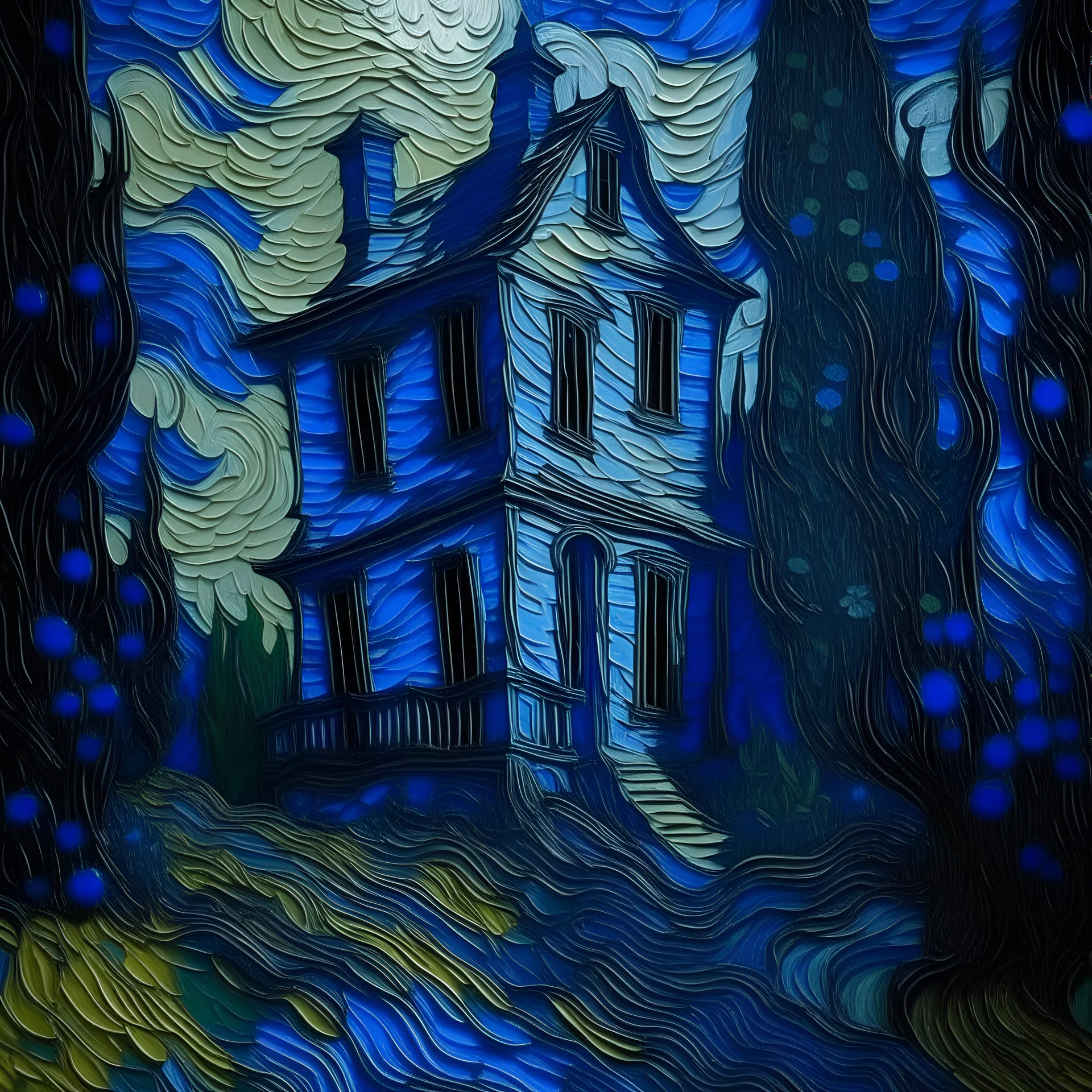 A periwinkle haunted mansion filled with ghosts painted by Vincent van Gogh