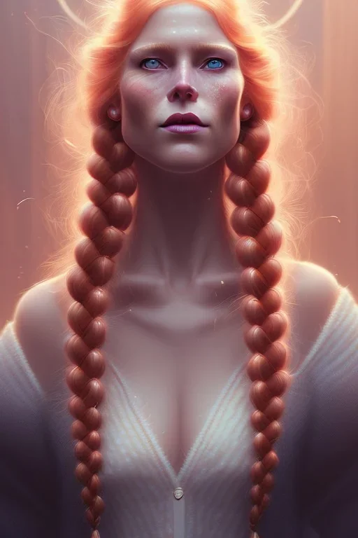 Woman 50 anni, cute, beautiful, orange hair, two braids, wild bangs, blue eyes, big eyes, freckles, long eyelashes, pink lipstick, thin lips, small nose, Gillian from Practical Magic, 8k resolution concept art portrait by Greg Rutkowski