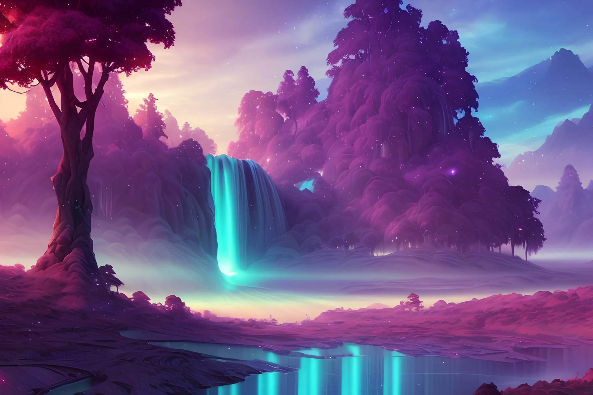 crystal cosmic and galactic ambiance hill sky waterfall sunset trees pools river surreal, full of details, smooth, bright sunshine，soft light atmosphere, light effect，vaporwave colorful, concept art, smooth, extremely sharp detail, finely tuned detail, ultra high definition, 8 k, unreal engine 5, ultra sharp focus