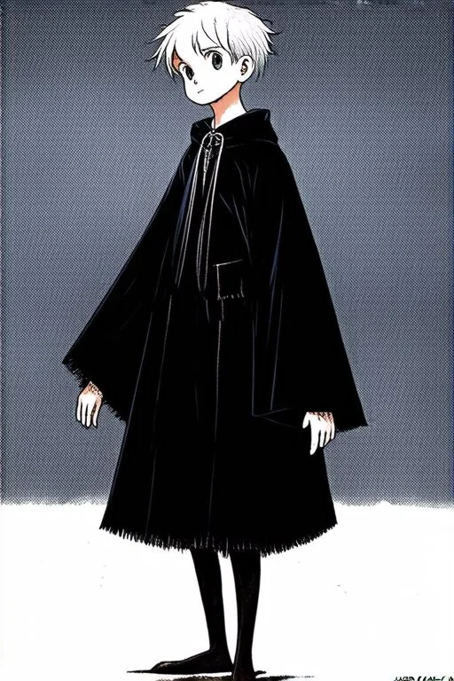 pallid 7 year old boy genie, necromancer, friendly,wearing black robes, with the lower body of a genie instead of legs, in the style of Harry Clarke