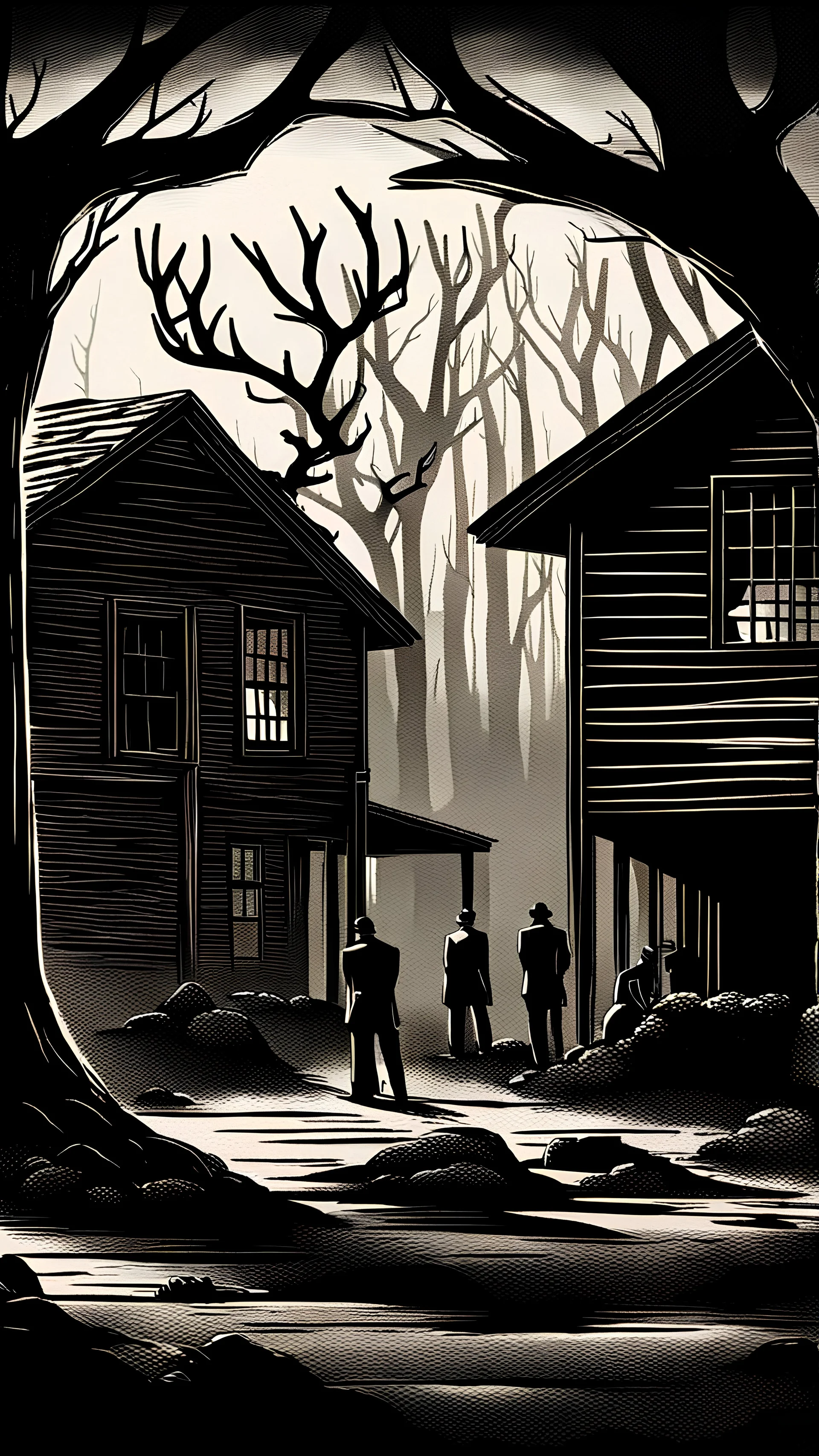 noir, atmospheric, shadows, cinematic, Black and white drawing, Three men with deer heads conjure outside a wooden house, viewed from afar, somber tones, high quality, suspenseful, menacing.