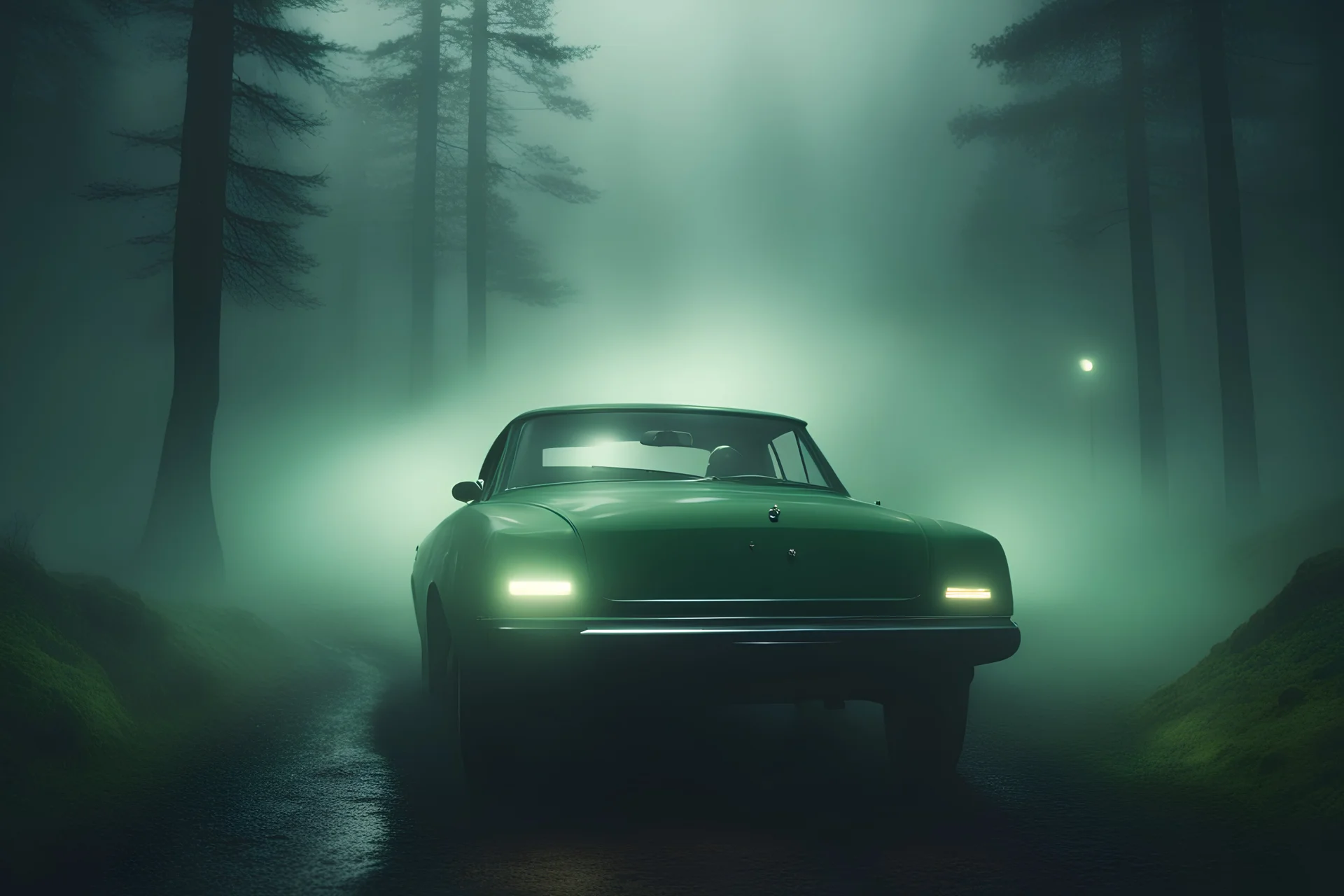 hiper-realistic UNREAL ENGINE beard guy detective view drives car in a misty dark mountains forest at night with strange light green in the mist, David Lynch movie still