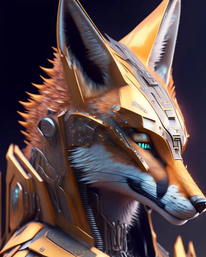 3D Portrait of a cyborg fox in natural colours wearing futuristic face armor in realistic fantasy full body