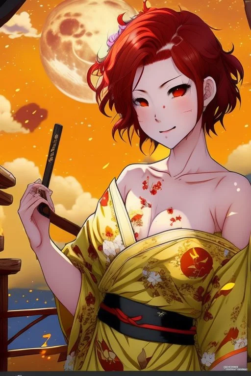 (Asian), short hair, fiery red hair hair, normal hands yukata, yellow clothes, 8k, best quality, winking, very dark night time, lighting from moon yellow moon, perfect, masterpiece, anime style, cartoon style,