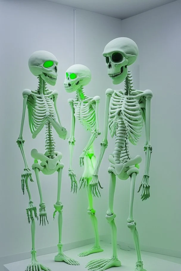 An exhibition of aliens with a white wall and green skeletons for aliens