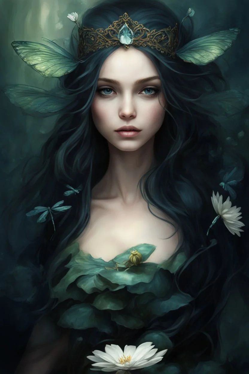 Dark green Water lilies Dark curls long hair Dark Fairy princess rapunzel hair queen crown dragonflies fireflies elven tiara flowers fairy wings saphire