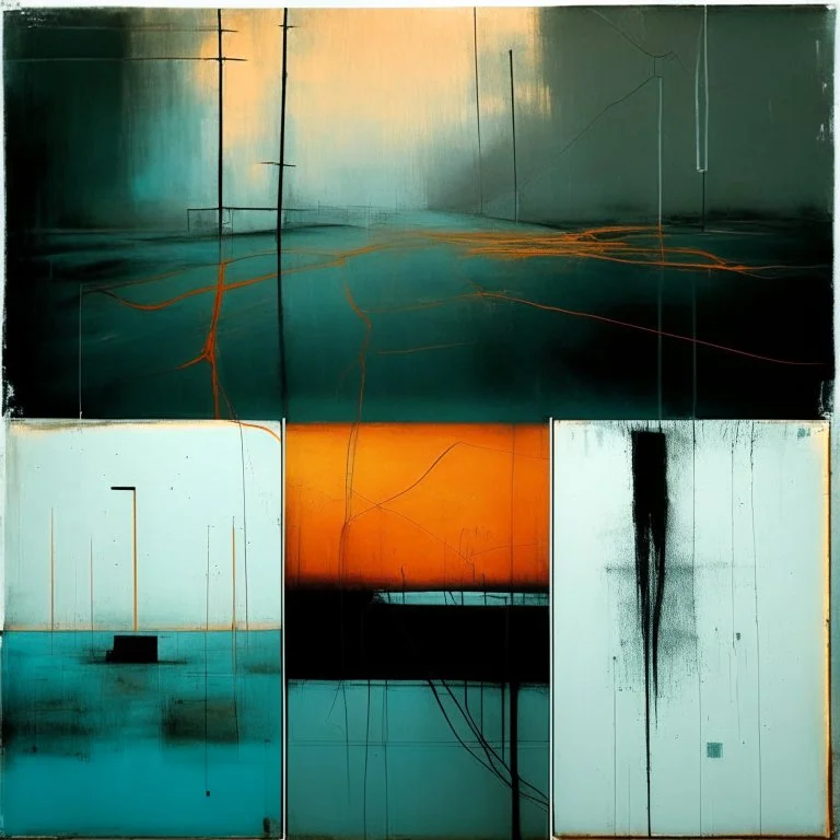 Minimal abstract oil paintings of a desolate 1960. Orange wires. On the floor are concrete fragments and road markings . In the dark mysterious style of Justin Mortimer and Francis Bacon. Triadic colours