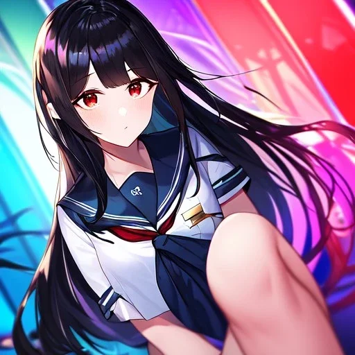 Clear focus, High resolution, long black fluffy hair, red eyes, chopped bangs, wearing a sailor uniform, wearing a sailor skirt, colorful, hollywood, female, human, mortal, thin legs, no outlines, extreme close up