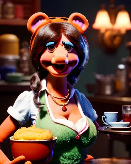 waitress woman with muppet mask that covers her entire head, retro style, Sesame Street style, smooth, unreal engine 5, god lights, ray tracing, RTX, lumen lighting, ultra detail, volumetric lighting, 3d.