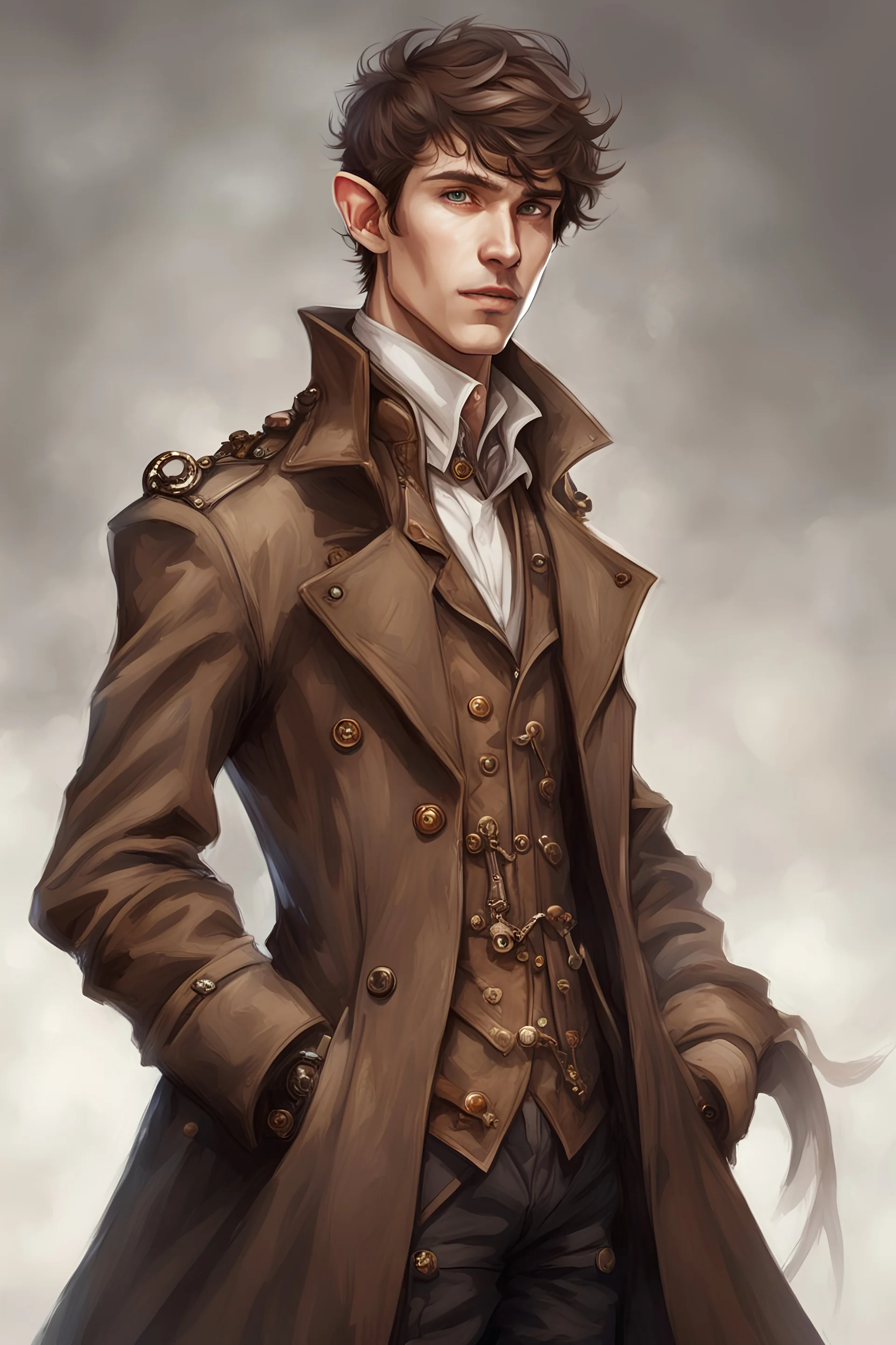 elf man of twenty years old, with brown eyes, short brown hair, dressed in a steampunk style trench coat.