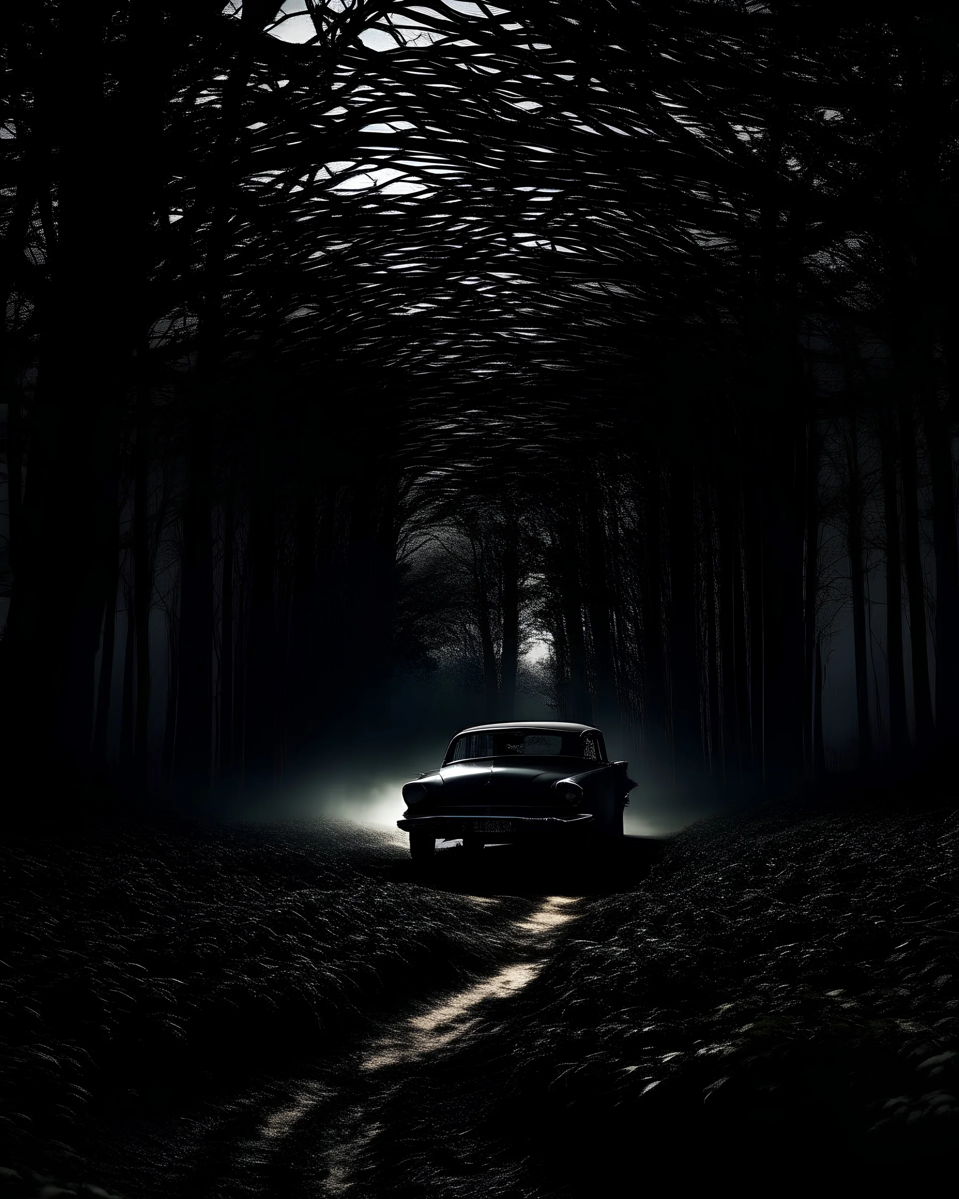 Dark Forest Drive: A couple in a car driving through a dense, dark forest with tall, shadowy trees. The headlights illuminate the eerie, twisted branches ahead, creating an ominous atmosphere.