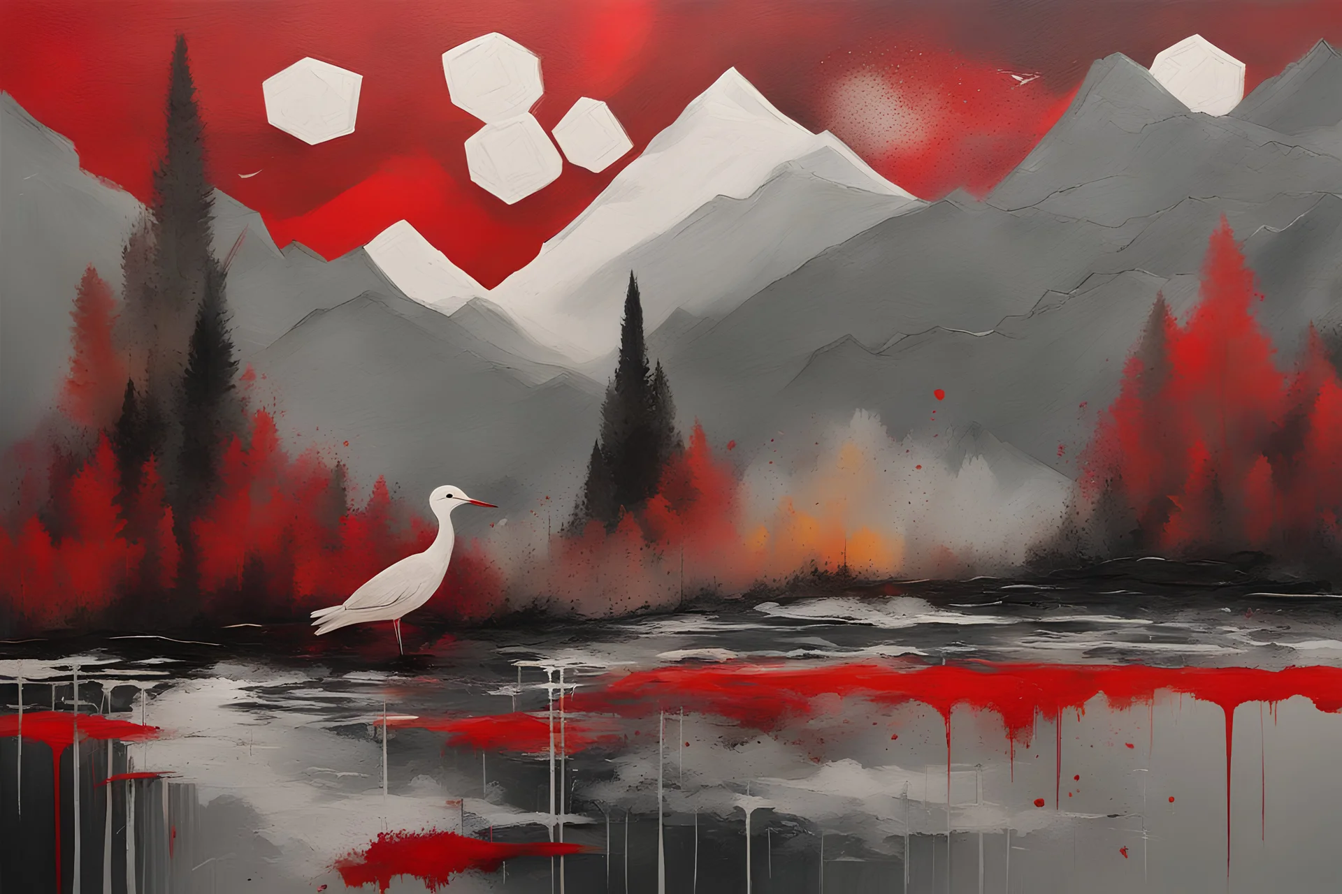 This painting is a colorful abstract artwork, featuring an array of grey tones and textures surrounded by various shapes and forms that create an interesting composition. In the background there are hints of a landscape with trees and mountains, while closer to the foreground there are splashes of red which could be interpreted as a bird in water. This piece has been created using acrylic paint on canvas, giving it an almost three-di