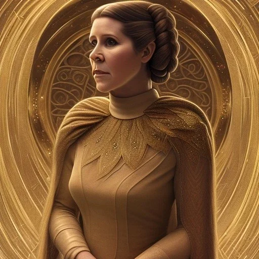 hyperspace background, complete and photo realistic detailed head to waist stunning photo realistic portrait of carrie fisher as Princess Leia in star wars with photo realistic updo hair by Mandy Jurgens and mucha and Richard Schmid and chuck close and chie yoshii, extraordinary and detailed ceremony dress of star wars,brown eyes