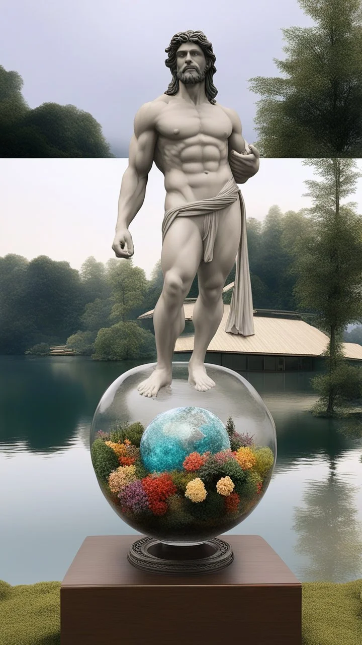 a planet with trees plants giant David statue everything made out of crystal jar