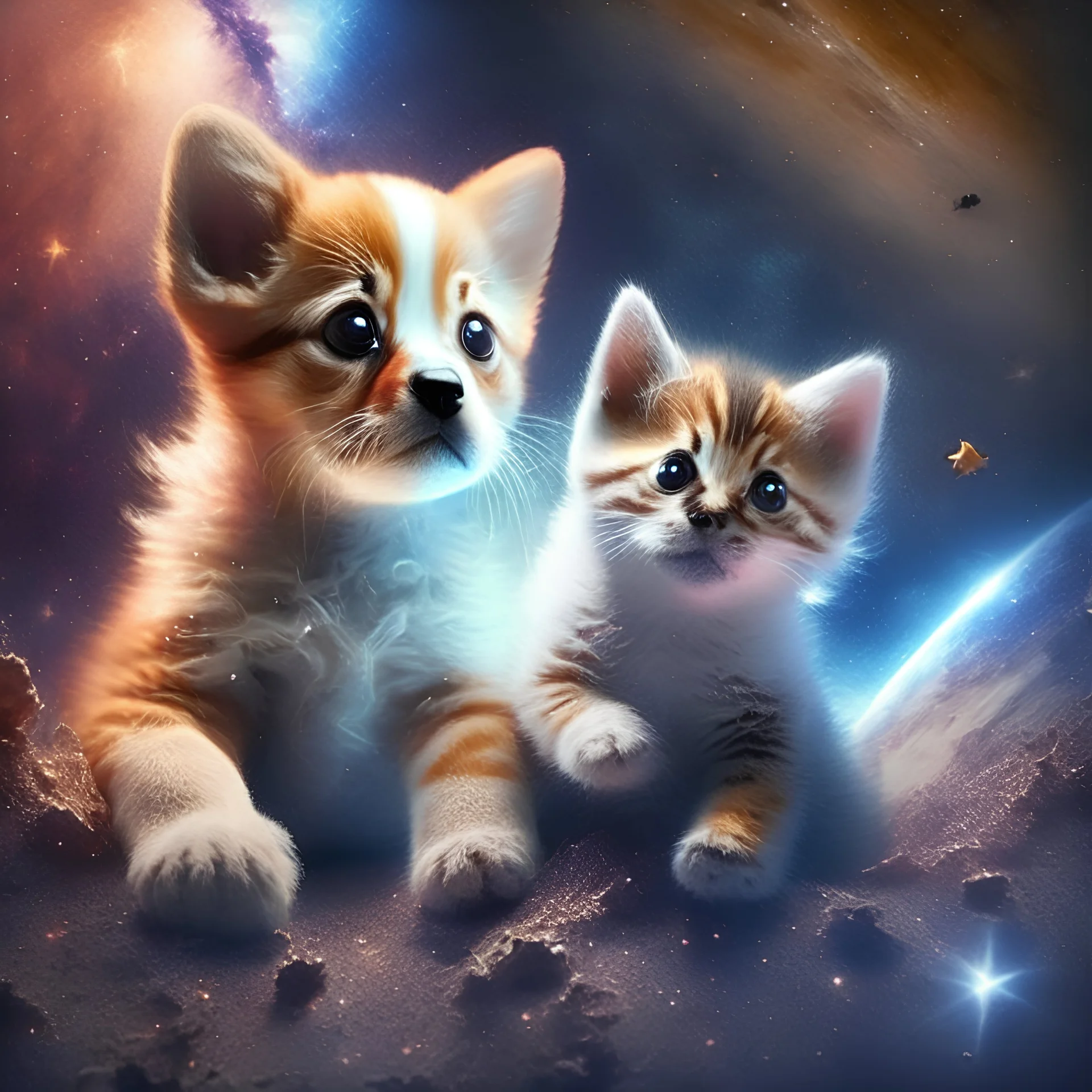 A kitten and puppy in space