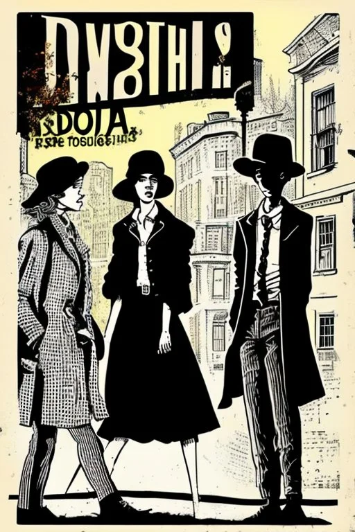 Design a detective book cover for teenagers. Three teenage detectives in the centre, one boy on her left, the girl in the centre and one on her right are on the town street. Black cat. Banksy style, pop art style, mysterious atmosphere,