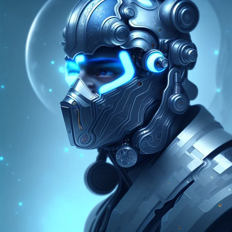 A beautiful portrait of a cute cyborg man blue color scheme, high key lighting, volumetric light high details with white stripes and indian paterns and wimgs psychedelic background