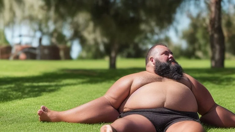 close up photography of a chubby sensual bearded marocan burly ugly stocky 65 years old , relaxing on the grass , in a garden, sunlight, manly chest with tank top, short pants, open legs, photorealistic, side view, ambient occlusion