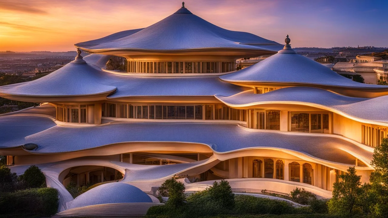 2771, delightful, sensitive, confident, undulating sinusoidal palace with hyperbolic roofs, delicate, sunrise, architecture, award-winning photograph, beautiful composition, filled with beautiful detail, delicate colour, chiaroscuro