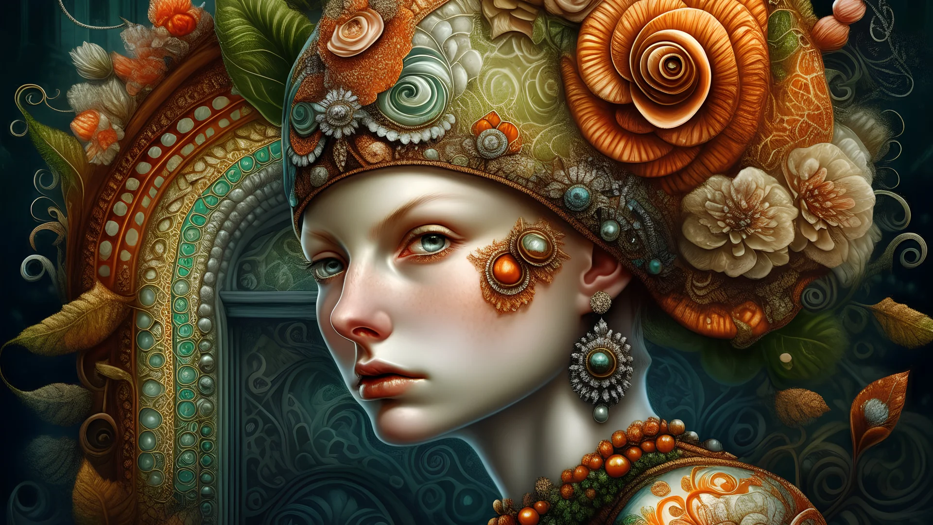 Beautiful humanoid lady wearing lace patterned snail portrait, with extremely textured house adorned with lace beads, black diamonds and leaves orange, green beige. Brown ginger leaves white flowers bioluminescense water drops Organik bio spinal ribbed detail of rococo ornate full floral creative background extremely detailed hyperrealistic maximálist concept art