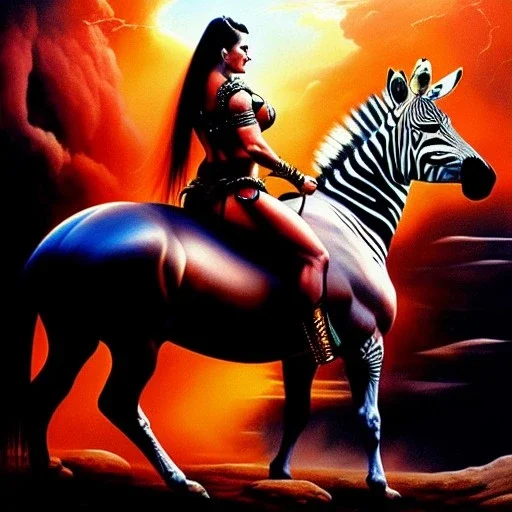 portrait oil on canvas,beautiful busty Female Warrior riding a Zebra, minimal armor,comic book cover, mystical colors,insanely detailed,realistic,intrincate detail,crystal clear eyes,perfectly drawn face, 16k resolution, masterpiece,Simon Bisley,Frank Frazetta,Alex Horley,ARTHUR ADAMS