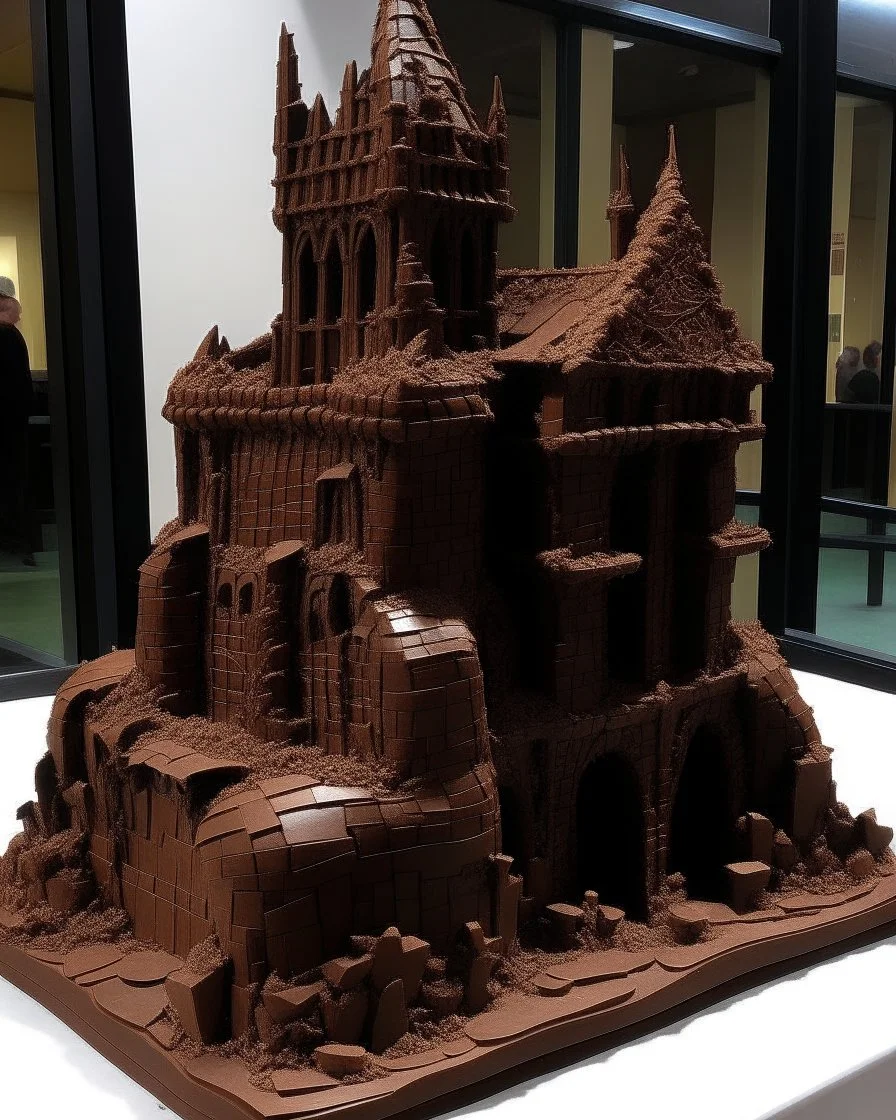 Dark brown ruins made out of chocolate painted by Antoni Gaudi