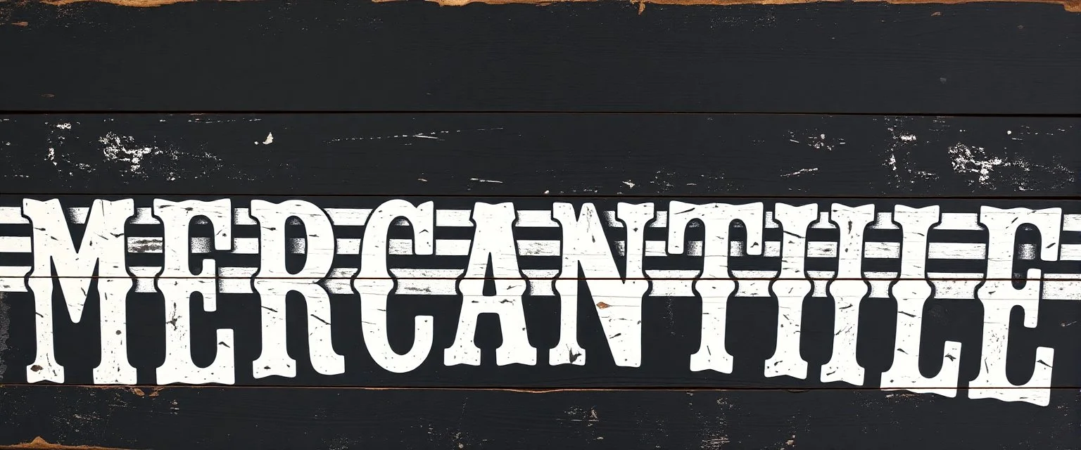 fill composition with large and wide historical hand painted old western sign that reads: "MERCANTILE" white on black with inset white stripe boarder aged paint on wood sanserif