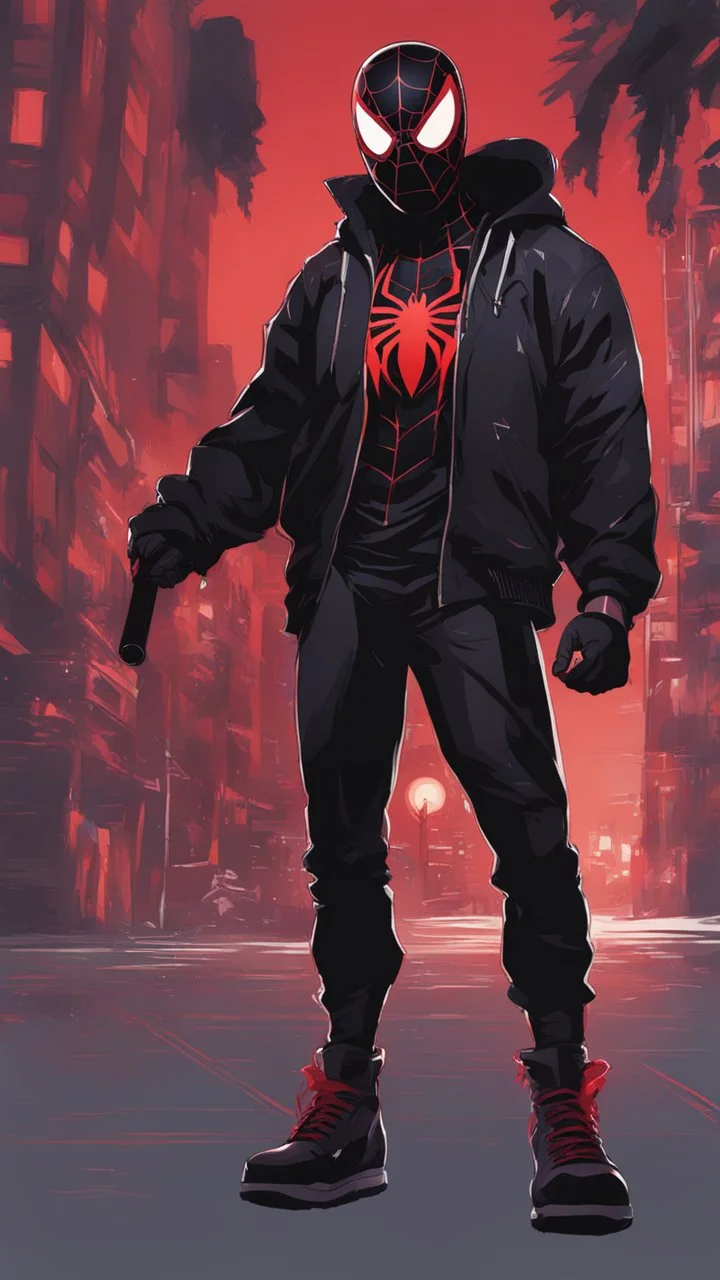 miles morales mix with venom symbiote in solo leveling shadow artstyle, Street boy them, intricate details, highly detailed, high details