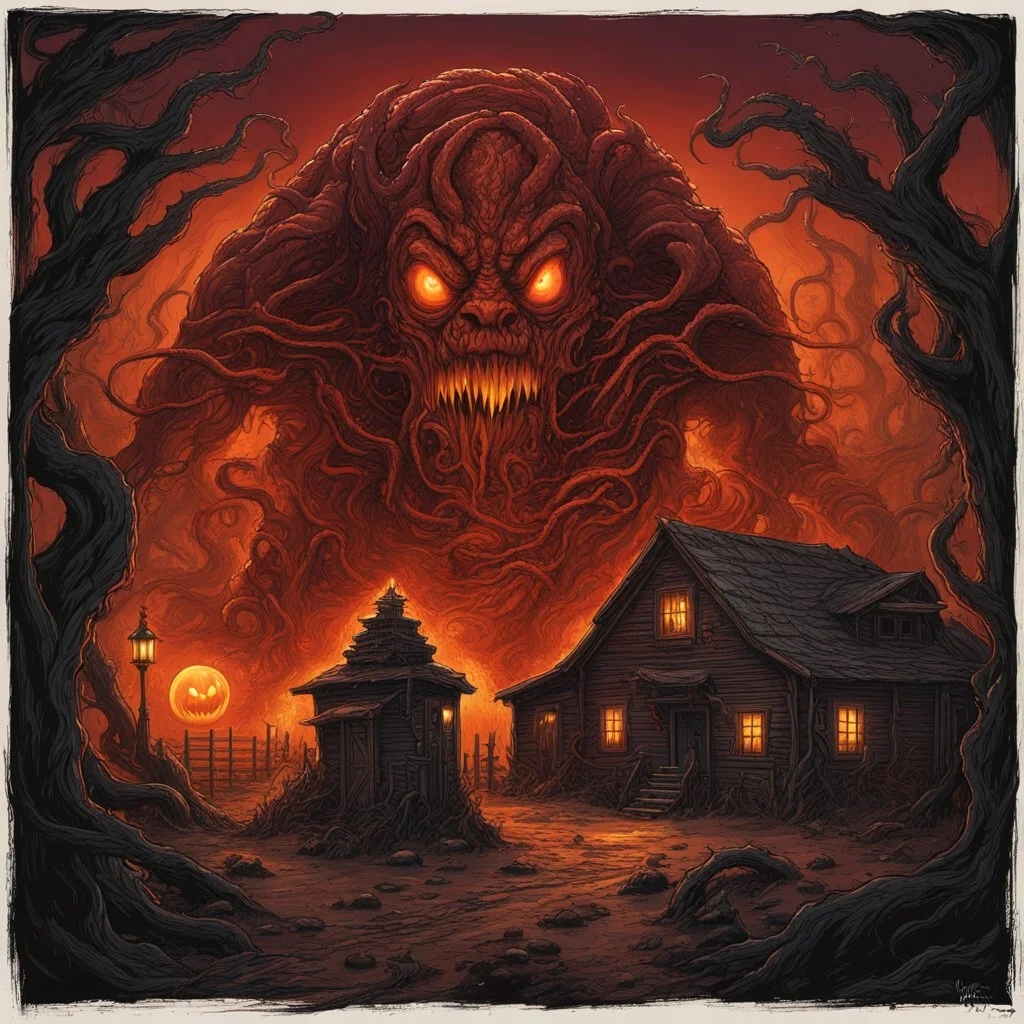 Evil Jack-O-Lantern Yog-Sothoth Lovecraftian monster looming over small barn, dramatic Cthulhu mythos Eldritch, horror masterpiece, by Dan Mumford, by Jeremy Mann, by Mike Dubisch, expansive, vibrant dark colors, hyperdetailed wet brush matte painting; dramatic, deep red-black-orange colors.