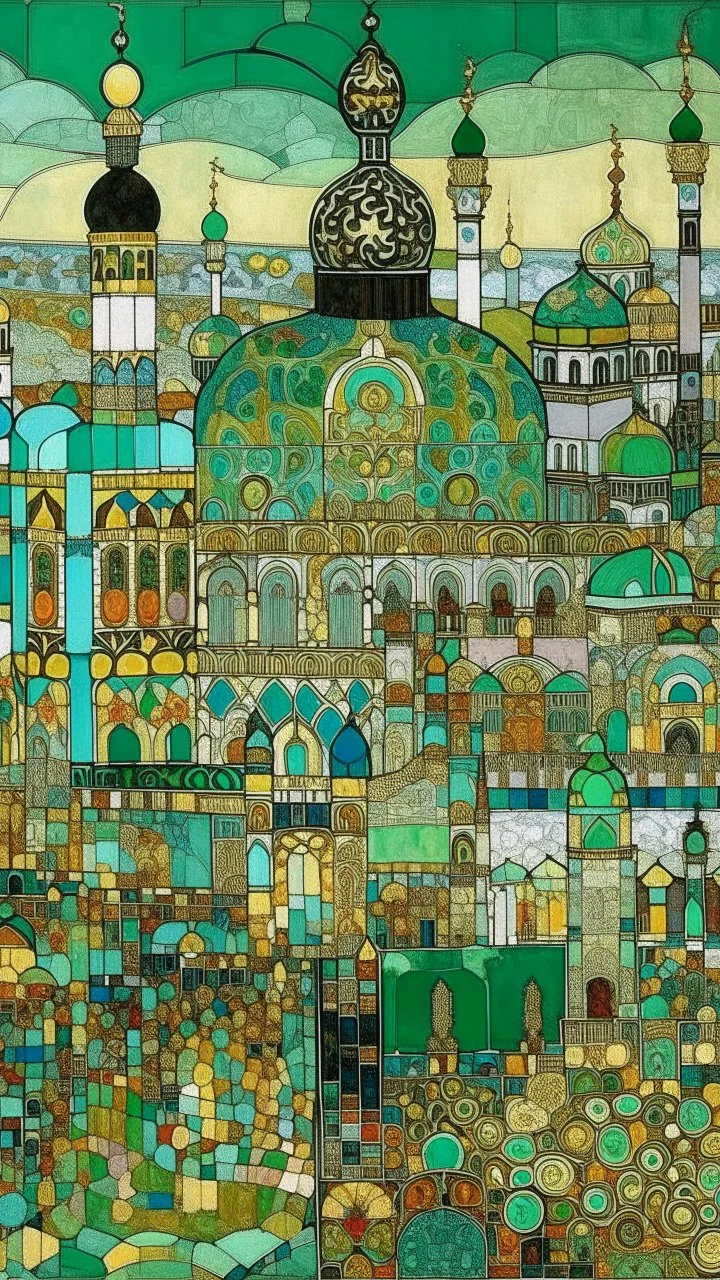 A mint colored Russian city designed in Moroccan rug art painted by Gustav Klimt