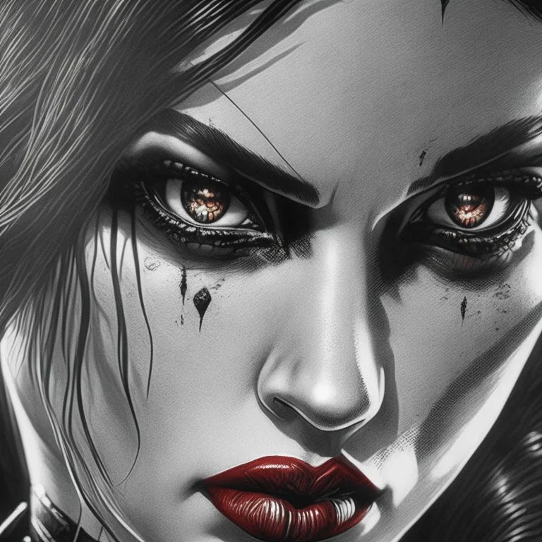 Sincity comic, a vampire goth. Closeup.